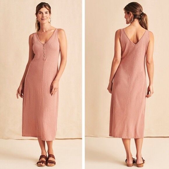New! Faherty Cliffside Linen Cotton Henley V-Neck Tank Shirt Summer Maxi Dress
